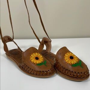 SOLEI OE Mexican Sunflower Woven‎ Leather Ankle Lace Medium 7.5/8 Boho Sandals